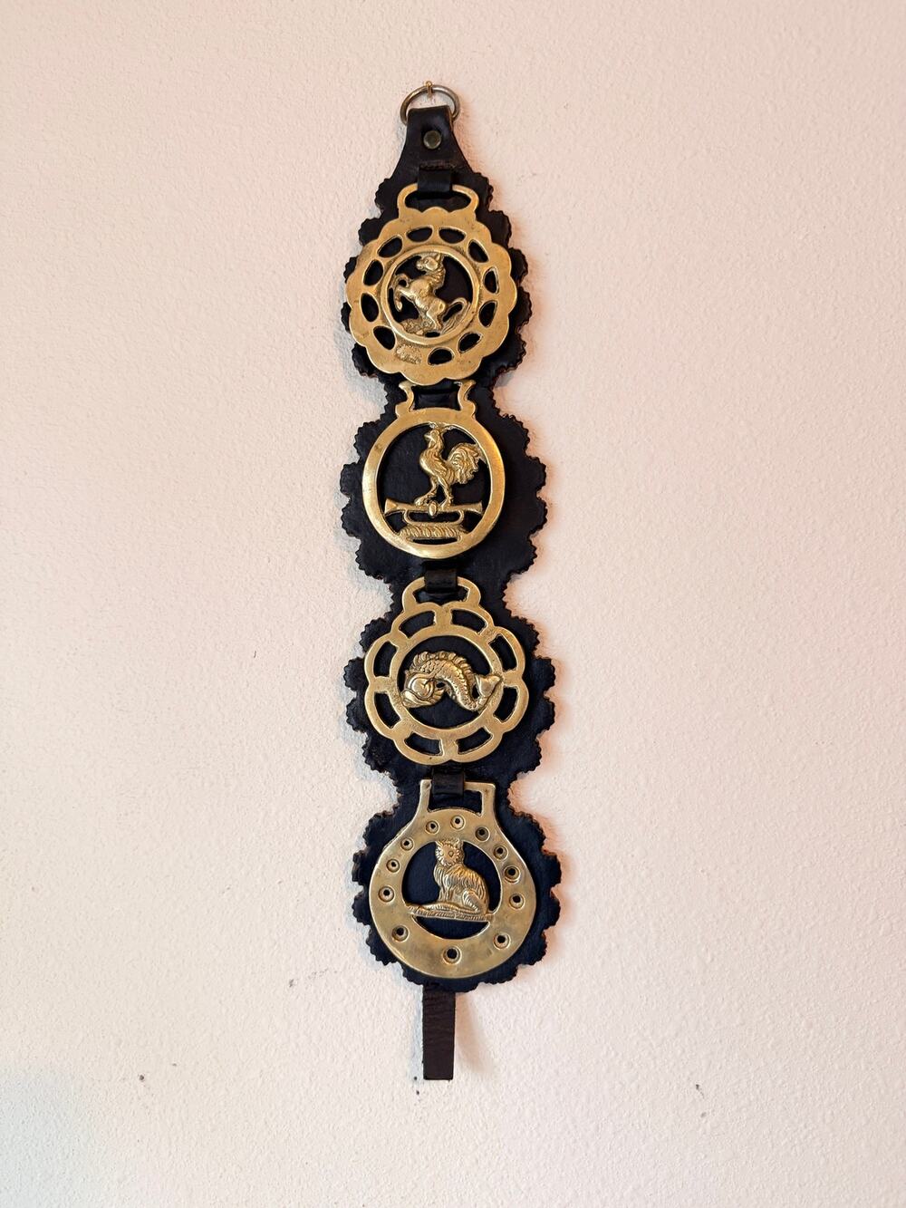 Vtg English Horse Brass 4 Medallions on Strap Equestrian Koi Cat